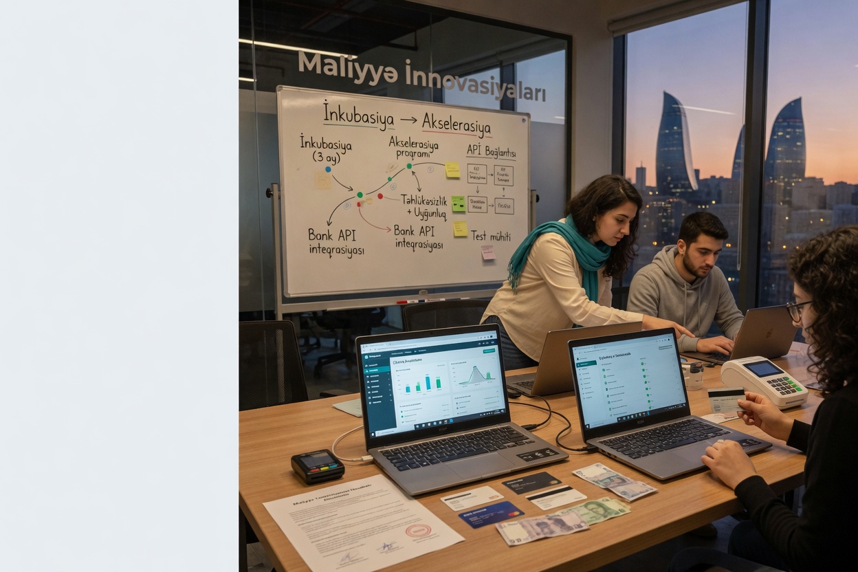 Bakı mənzərəsinə baxan inkubasiya mərkəzində gənc fintech komandasının stol ətrafında noutbuklar, POS terminalı və
